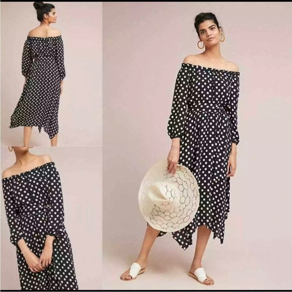 Anthropologie Maeve Gerti off the shoulder Black and White midi dress polka‎ dot